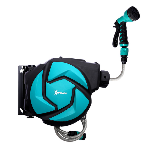 DURHAND 10m Garden Auto Hose Reel Wall Mounted Retractable 7 Patterns Spray Nozzle