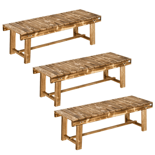 Outsunny Wooden Garden Benches, 2 Seater Outdoor Benches, Fir Wood Backless Patio Loveseat with Slatted Seat for Park, 110 x 38 x 35 cm, 3 Pieces, Carbonised