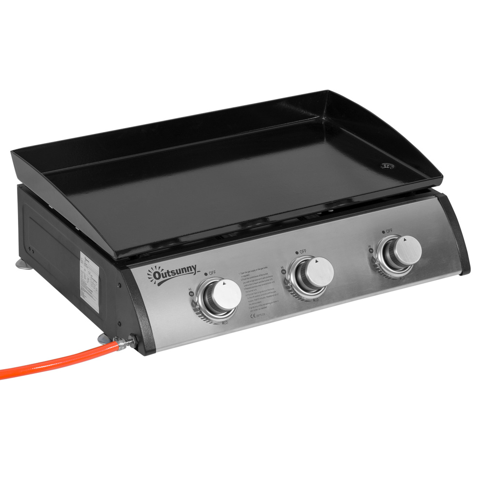 Outsunny Gas Plancha Barbecue Grill with 3 Stainless Steel Burner, 9kW, Portable Tabletop Gas BBQ with Non-Stick Griddle for Camping Picnic Garden Party Festival