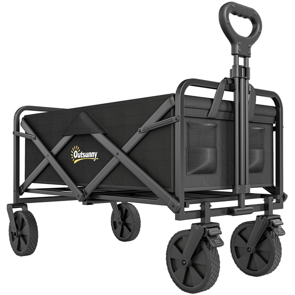 Outsunny Folding Steel Frame Garden Storage Cart, with Wheels and Handle - Black