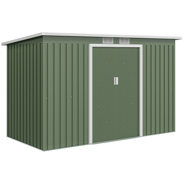 Outsunny 9ft x 4ft Metal Garden Shed, Outdoor Tool House with Foundation Kit, Ventilations and Double Doors, Light Green
