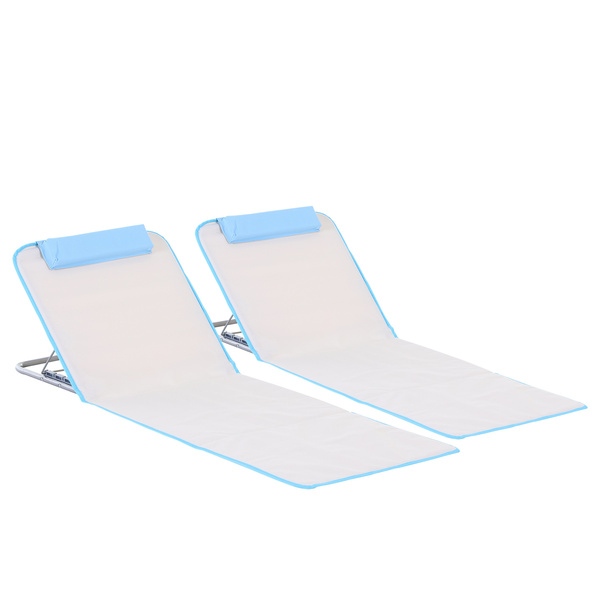 Outsunny Set of 2 Foldable Garden Beach Chair Mat, Lightweight Outdoor Sun Lounger Seats with Adjustable Back, Metal Frame, PE Fabric Head Pillow and Carry Bag, Cream White
