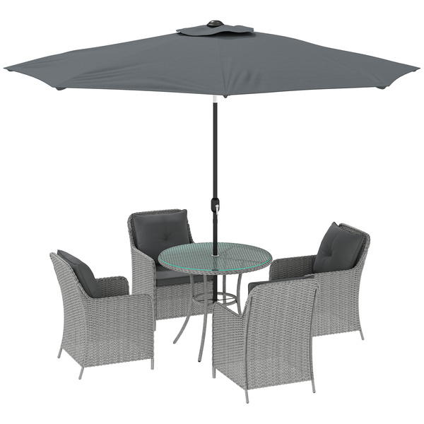 Outsunny 4 Seater Rattan Dining Set with Parasol & Cushions - Light Grey