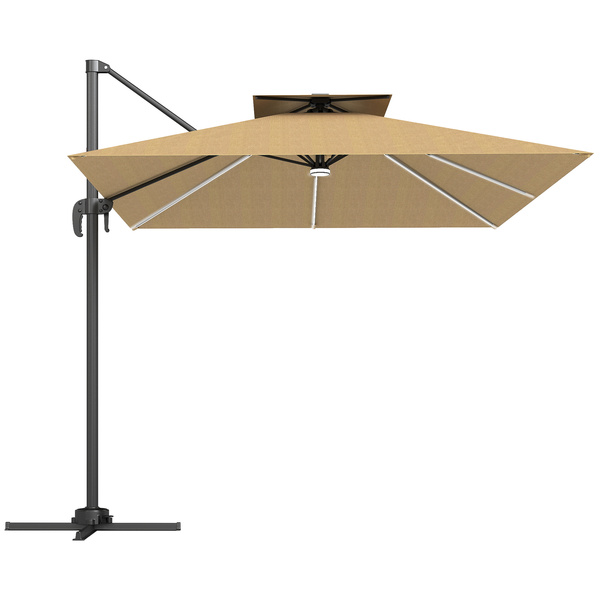 Outsunny 2.5m Cantilever Parasol with Solar Powered LED Lights, 360° Rotation, Tilt Adjustment, Crank Handle, Khaki