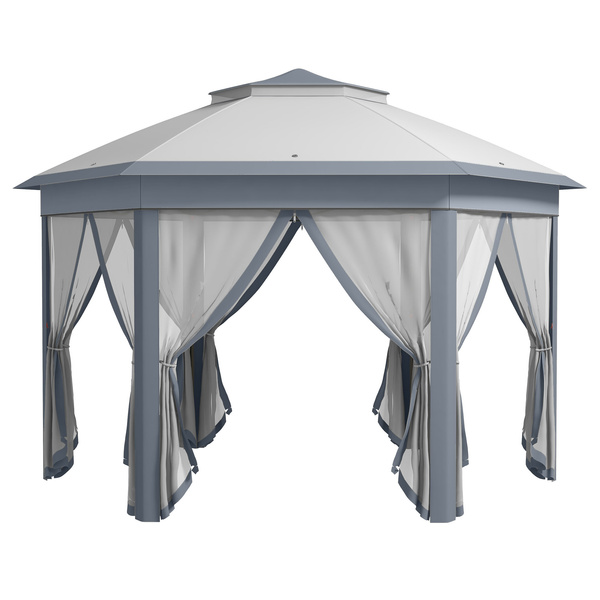 Outsunny 3 x 4m Metal Frame Hexagon Gazebo, with Curtains - Grey