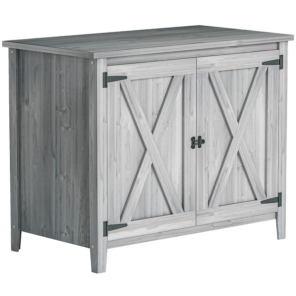Outsunny Wooden Garden Shed, Outdoor Fir Wood Storage Shed with Shelf and Double Doors, Light Grey