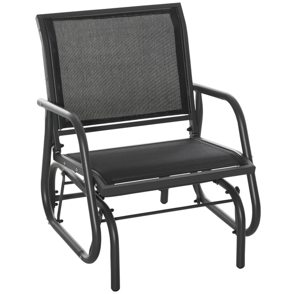 Outsunny Outdoor Garden Glider Chair, Metal Frame Single Armchair Swing Seater w/ Breath Mesh Fabric Seat, Curved Backrest, Armrests, for Living Room, Patio, Porch, Dark Grey