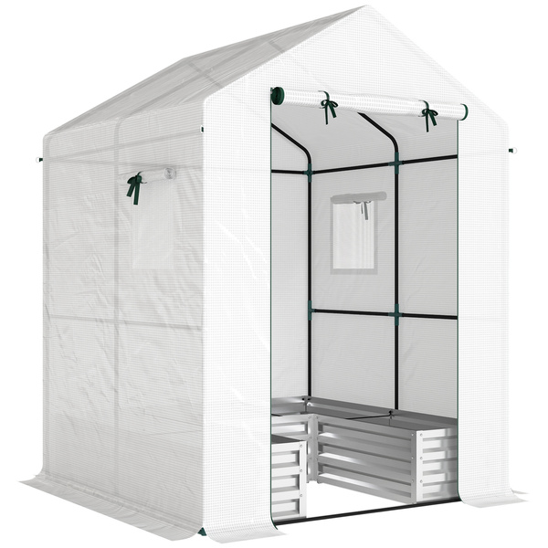 Outsunny Small Greenhouse with Raised Garden Bed, Galvanised Walk-in Greenhouse with Roll Up Windows, 141 x 141 x 190 cm, White