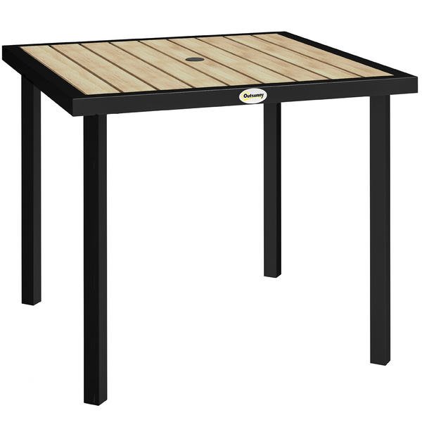 Outsunny Square Garden Dining Table with 5.4cm Parasol Hole, Slatted Top, Metal Frame, 86 x 86 x 71cm, Brown