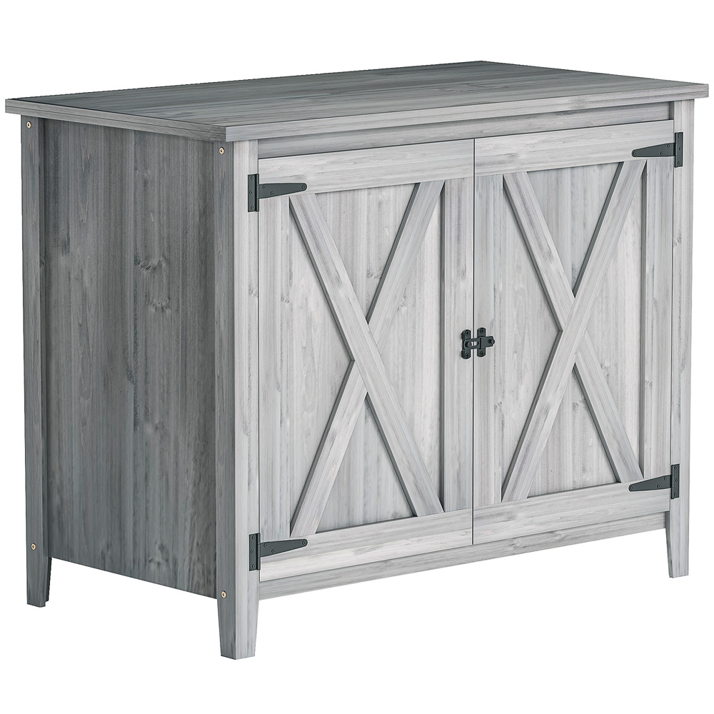 Outsunny Wooden Garden Shed, Outdoor Fir Wood Storage Shed with Shelf and Double Doors, Light Grey