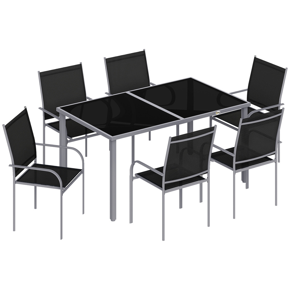 Outsunny 7 Piece Outdoor Garden Dining Set with Table and 6 Stackable Chairs, Steel Frame, Tempered Glass Top, Mesh Seats, Black