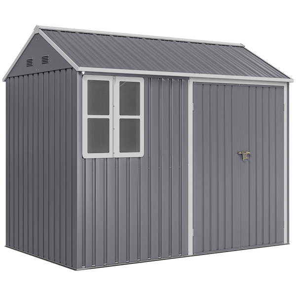 Outsunny 8 x 6 ft Galvanised Garden Shed, Outsoor Metal Storage Shed with Double Doors Window Air Vents, Grey