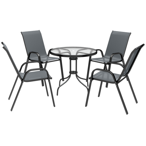 Outsunny Five-Piece Steel Patio Set, with Glass-Top Table - Dark Grey
