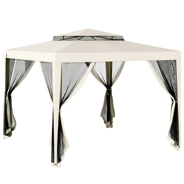 Outsunny 3 x 3 m Gazebo, Netting Party Tent, Patio Canopy Outdoor Event Shelter with Double Tier Roof, Cream White