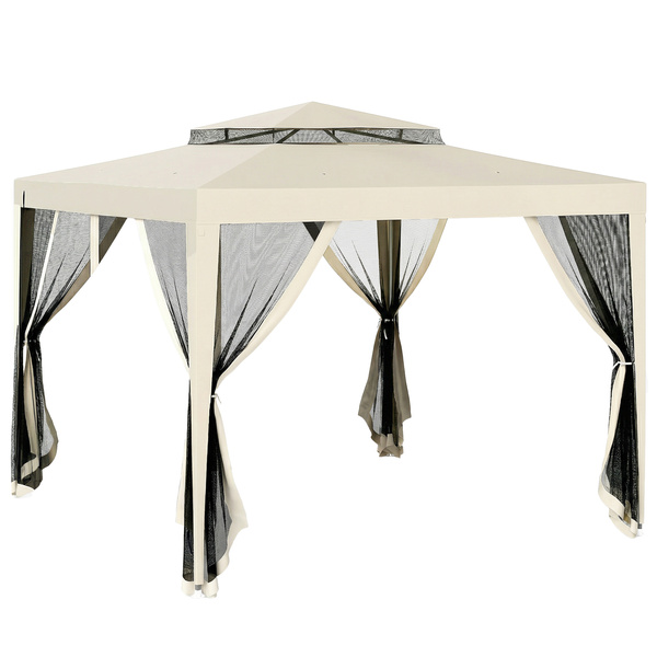 Outsunny 3 x 3 m Gazebo, Netting Party Tent, Patio Canopy Outdoor Event Shelter with Double Tier Roof, Beige