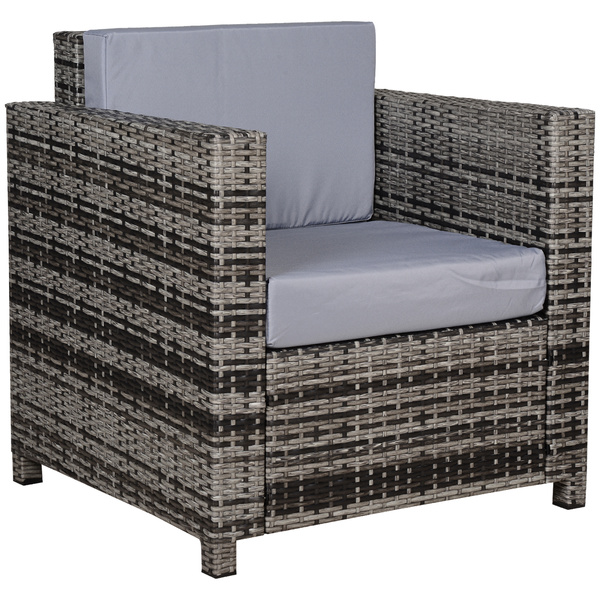 Outsunny Rattan Garden Armchair 10cm Cushion Outdoor Single Chair with Steel Frame, Grey