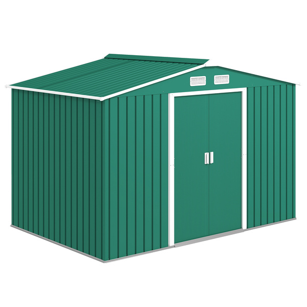 Outsunny 9 x 6ft Metal Garden Shed, Outdoor Storage Tool House with Ventilation Slots, Foundation Kit and Lockable Double Doors, Green