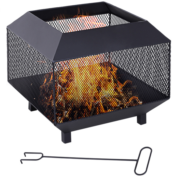 Outsunny Metal Square Fire Pit Outdoor Mesh Firepit Brazier w/ Lid, Log Grate, Poker for Backyard, Camping, Bonfire, Wood Burning Stove, 44 x 44 x 40cm, Black