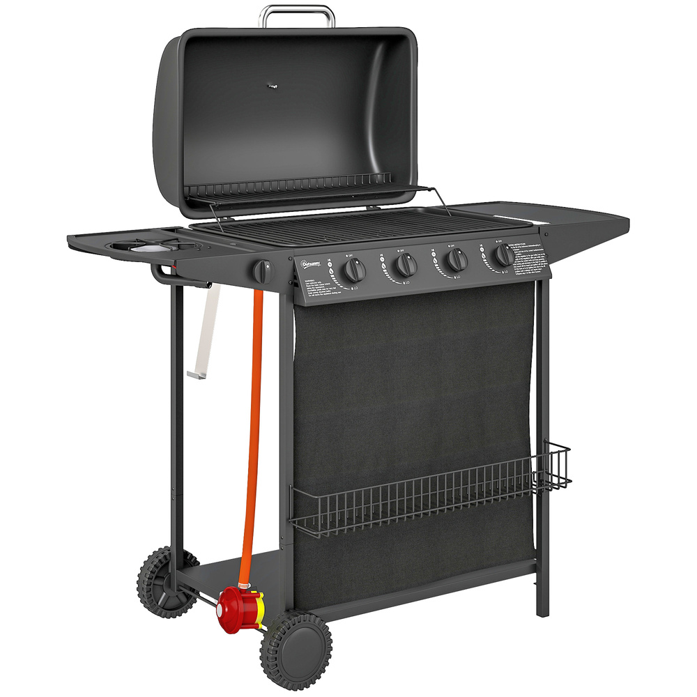 Outsunny 4+1 Burner Gas BBQ Grill, Portable Gas Barbecue Grill with Built-in Thermometer, Lid, Side Table, Shelf, Spice Rack, Wheels, Grease Cup for Garden Party Outdoor Cooking, Black