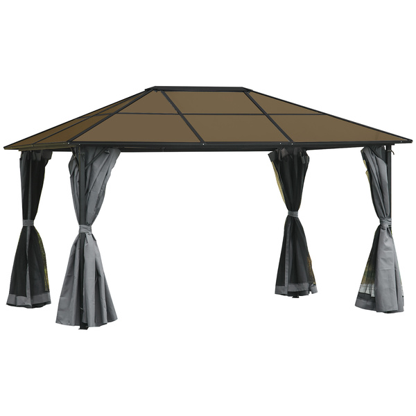 Outsunny 3 x 4m Hardtop Gazebo Canopy with Polycarbonate Roof, Aluminium Frame, Permanent Pavilion Garden Gazebo with Netting and Curtains - Grey