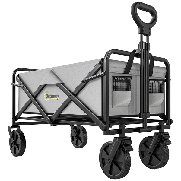 Outsunny Folding Pull Along Cart Cargo Wagon Trolley with Telescopic Handle - Dark Grey