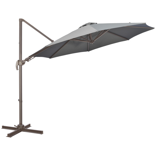 Outsunny 3(m) Cantilever Parasol 360° Rotation Roma Umbrella Hanging Sun Shade with Aluminium Frame, Tilt Crank, 8 Ribs and Cross Base, Dark Grey