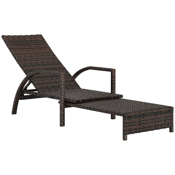 Outsunny Reclining Rattan Lounger, with Extending Footrest - Brown