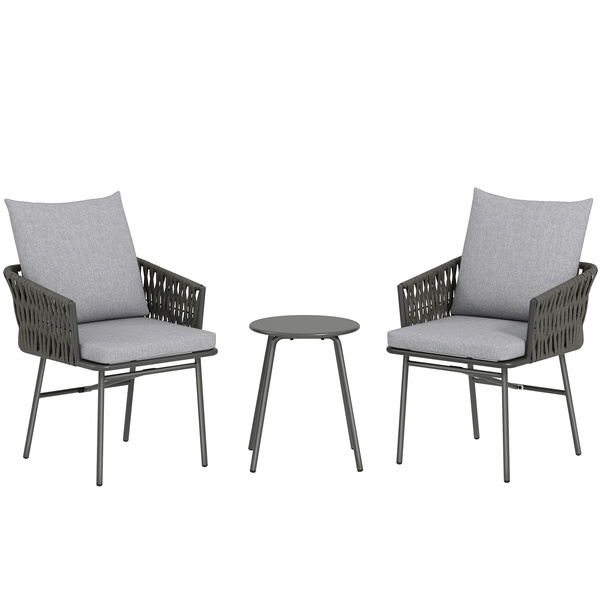 Outsunny 3-Piece Rattan Bistro Set, Garden Table and Chairs with 4 Cushions, Patio Rattan Conversation Furniture Set for Balcony, Porch, Terrace, Grey