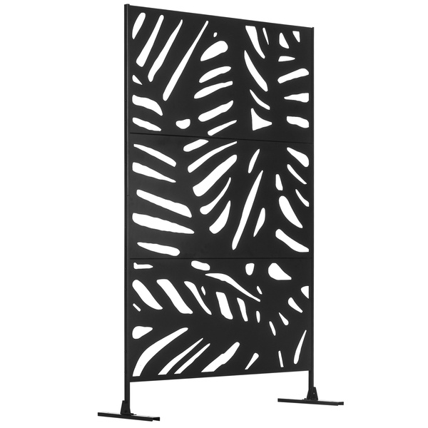 Outsunny Decorative Garden Privacy Screen with Stand, 6.5FT Freestanding Metal Outdoor Divider, Decorative Privacy Panel with Expansion Screws for Garden Pool Hot Tub, Large Leaves Style, Black