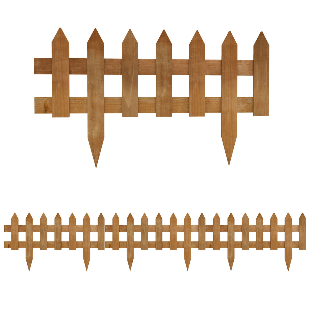 Outsunny Pack of 12 Wooden Border Fences, Garden Fixed Picket Fence for Lawn Edging, Flowerbed, 60L x 1D x 34H cm, Brown