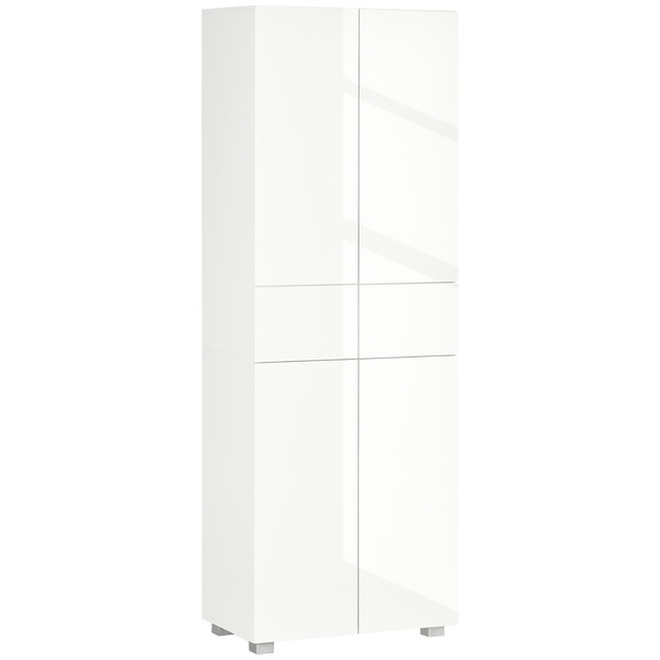 HOMCOM 4-Door Kitchen Cupboard, Tall Freestanding 5-Tier Storage Cabinet with 3 Adjustable Shelves, 2 Drawers for Living Room, Dining Room, Push to Open Design, High Gloss White