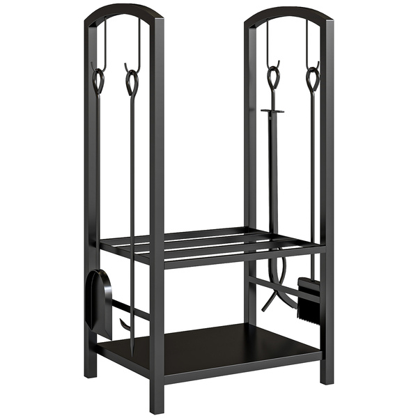 Outsunny Metal Firewood Log Holder 2 Layer Firewood Rack Indoor Outdoor Fireplace Wood Storage Shelf with 4 Tools and Hooks, Black, 40L x 30W x 74.5H cm