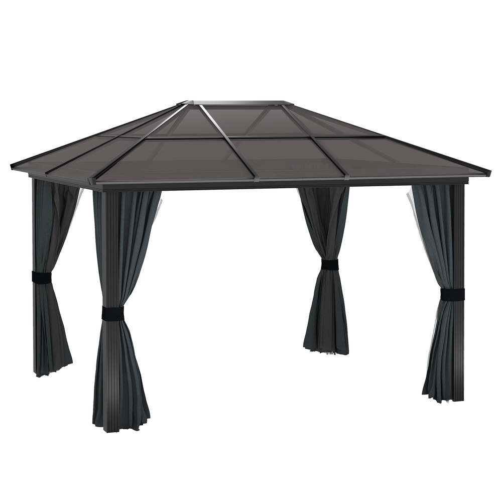 Outsunny 3 x 3.6m Hardtop Gazebo Canopy with Polycarbonate Roof, Aluminium Frame, Permanent Pavilion Garden Gazebo with Netting and Curtains for Patio, Deck, Dark Grey