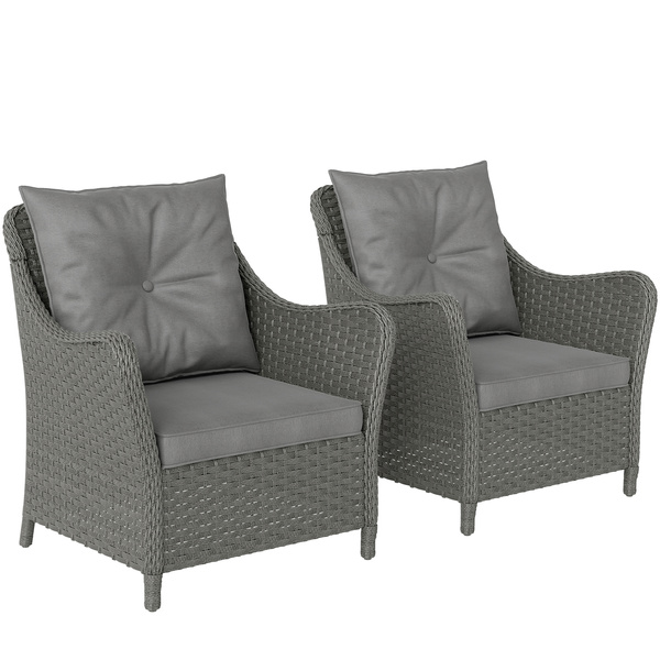Outsunny Rattan Garden Chairs Set of 2, Outdoor Rattan Chairs with Cushions, Armrests and High Back, PE Wicker Garden Armchair with Steel Frame for Balcony, Porch, Dark Grey