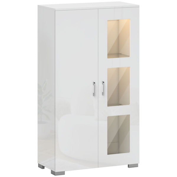 HOMCOM High Gloss Sideboard, Display Cabinet with 16-Colour RGB LED Lights and Remote Control, Modern Storage Cupboard with Glass Doors and Shelves for Living Room, Dining Room, Kitchen, White