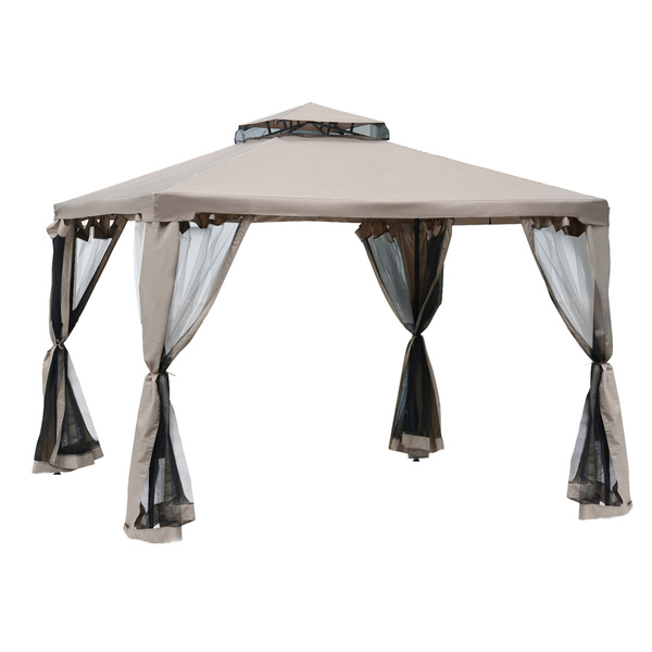 Outsunny Outdoor Gazebo, 2-tier Roof W/Netting, 295L x 295W x 263Hcm-Taupe