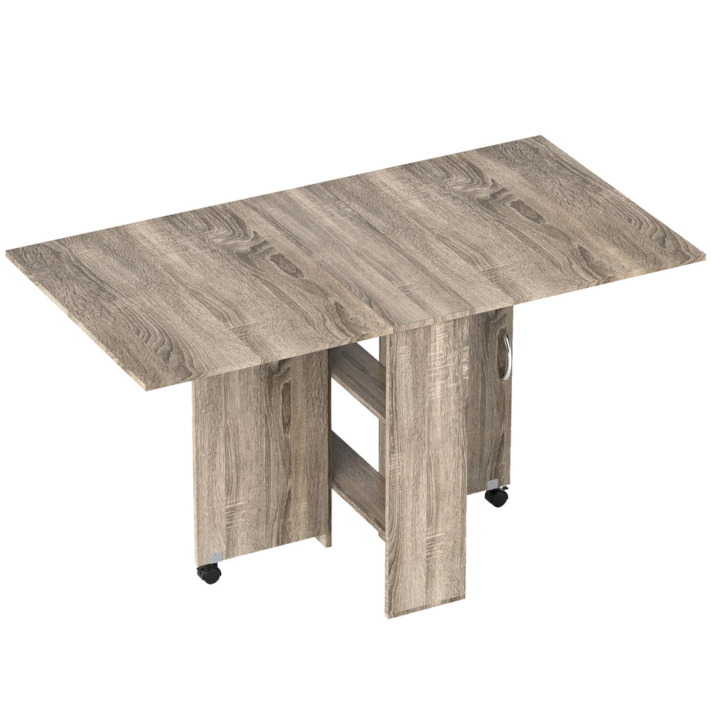 HOMCOM 80-140 cm Folding Dining Table for 4-6 People, Drop Leaf Table with 2-Tier Shelves, Rolling Casters, for Small Spaces, Kitchen, Flat, Dining Room, Grey