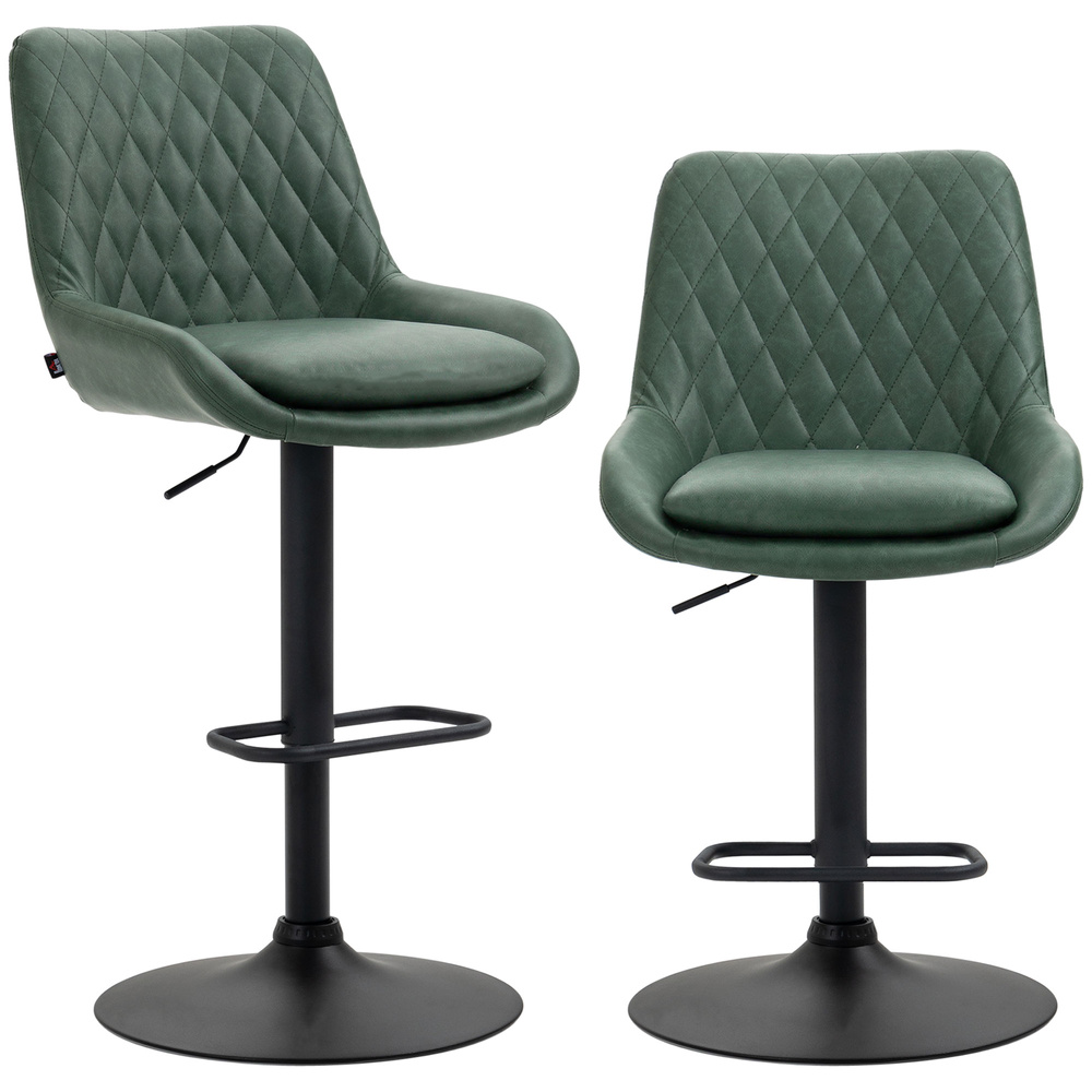 HOMCOM Retro Bar Stools Set of 2, Adjustable Kitchen Stool, Upholstered Bar Chairs with Back, Swivel Seat, Green