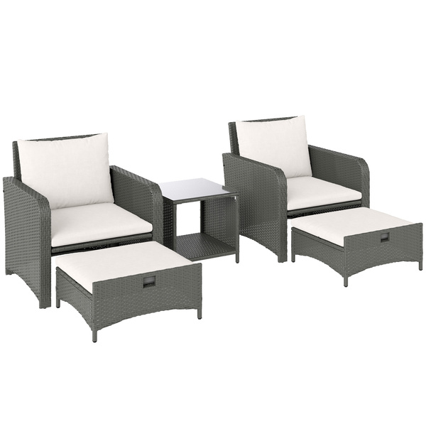 Outsunny Five Piece Rattan Garden Furniture Set with 2-Tier Coffee Table and Ottomans  - Cream White