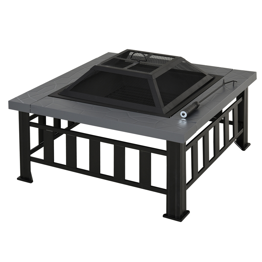 Outsunny Metal Large Firepit Outdoor Square Fire Pit Brazier with Rain Cover, Lid, Log Grate, Poker for Backyard, Camping, BBQ, Bonfire, Wood Burning Stove, 86 x 86 x 54cm, Black
