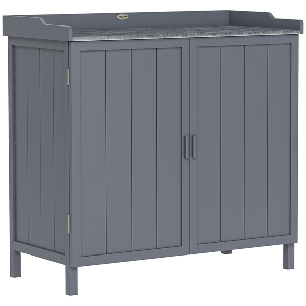 Outsunny Wood Garden Storage Cabinet, Outdoor Tool Shed, Potting Bench Table with Galvanized Top and Two Shelves for Yard Tools or Pool Accessories, Grey
