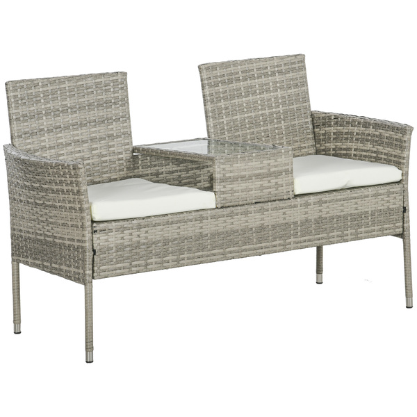 Outsunny Two-Seat Rattan Chair, with Middle Table - Grey