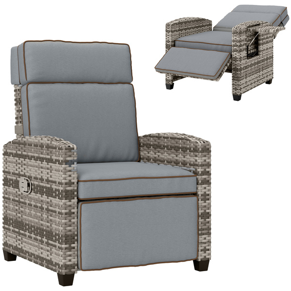 Outsunny 145° Reclining Rattan Armchair, with Footrest - Mixed Grey/Grey