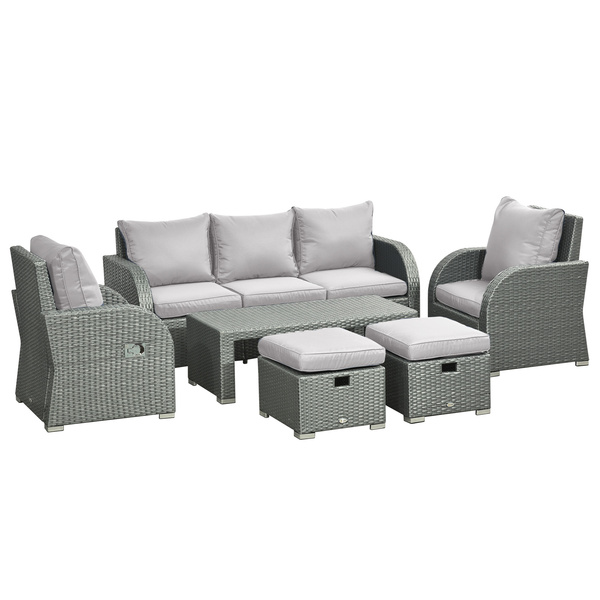 Outsunny Six-piece Outdoor Rattan Dining Set, Outdoor Sofa Set with Reclining Armchairs and Mental Frame, Grey