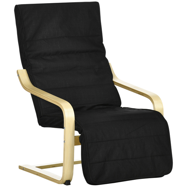 HOMCOM Wooden Armchair, Upholstered Linen Lounge Chair with Adjustable Footrest & Removable Cushion, Poang Chair for Living Room, Black