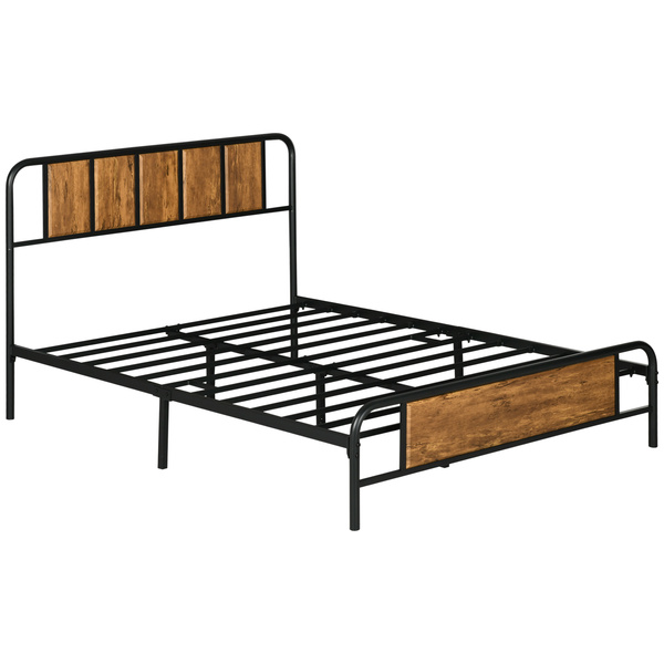HOMCOM 4.8ft Double Bed Frame with Industrial Wood Headboard, Steel Slat Support and 25.5cm Underbed Storage Space, 145 x 197cm, Rustic Brown