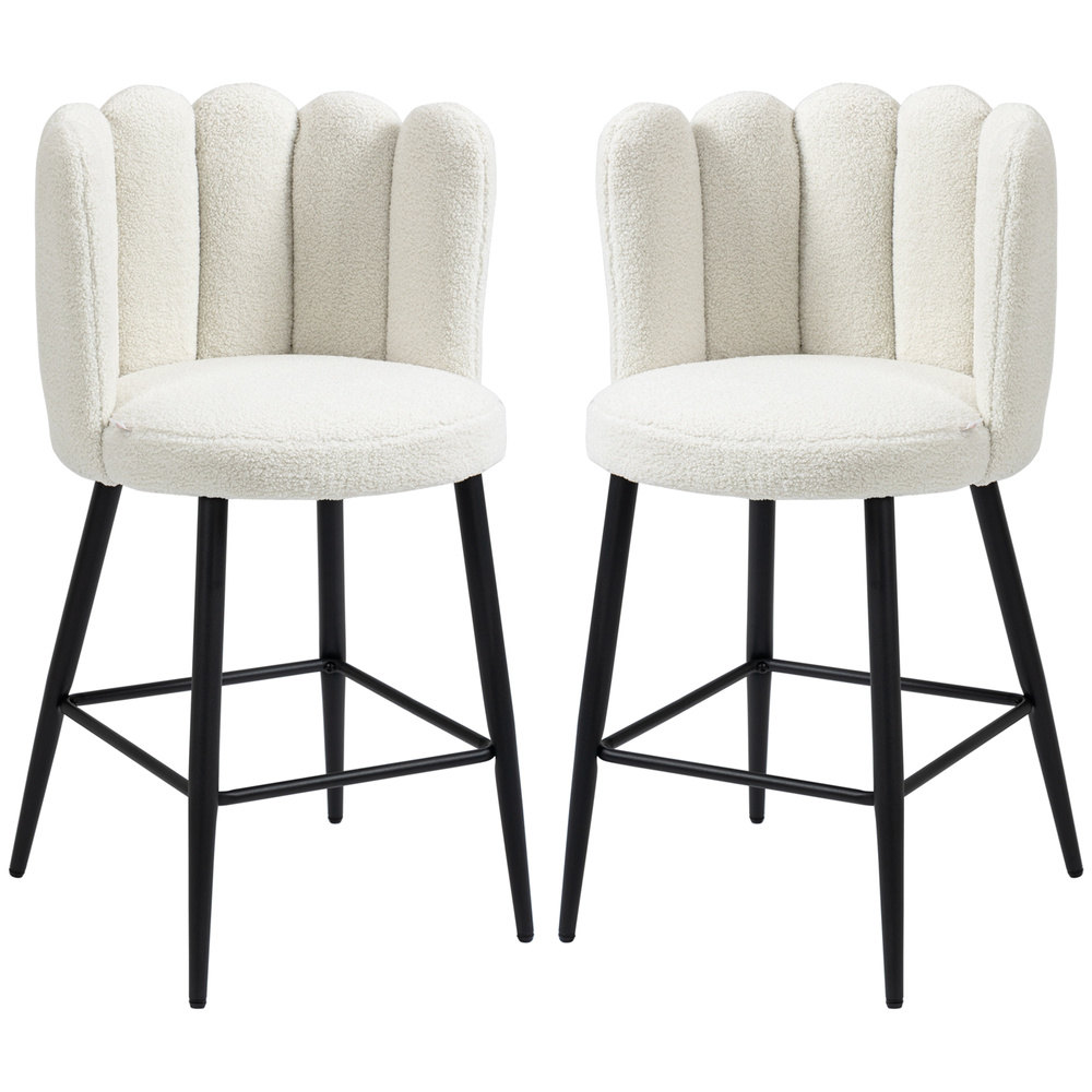 HOMCOM Bar Stools Set of 2, Modern Boucle Upholstered Shell Barstools, Breakfast Bar Chairs with Backrest, Footrest and Steel Base for Kitchen Counter, Cream
