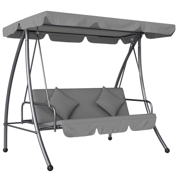 Outsunny Outdoor 2-in-1 Swing Chair Lounger 3 Seater Garden Swing Seat Bed Convertible Tilt Canopy W/ Cushion, Light Grey