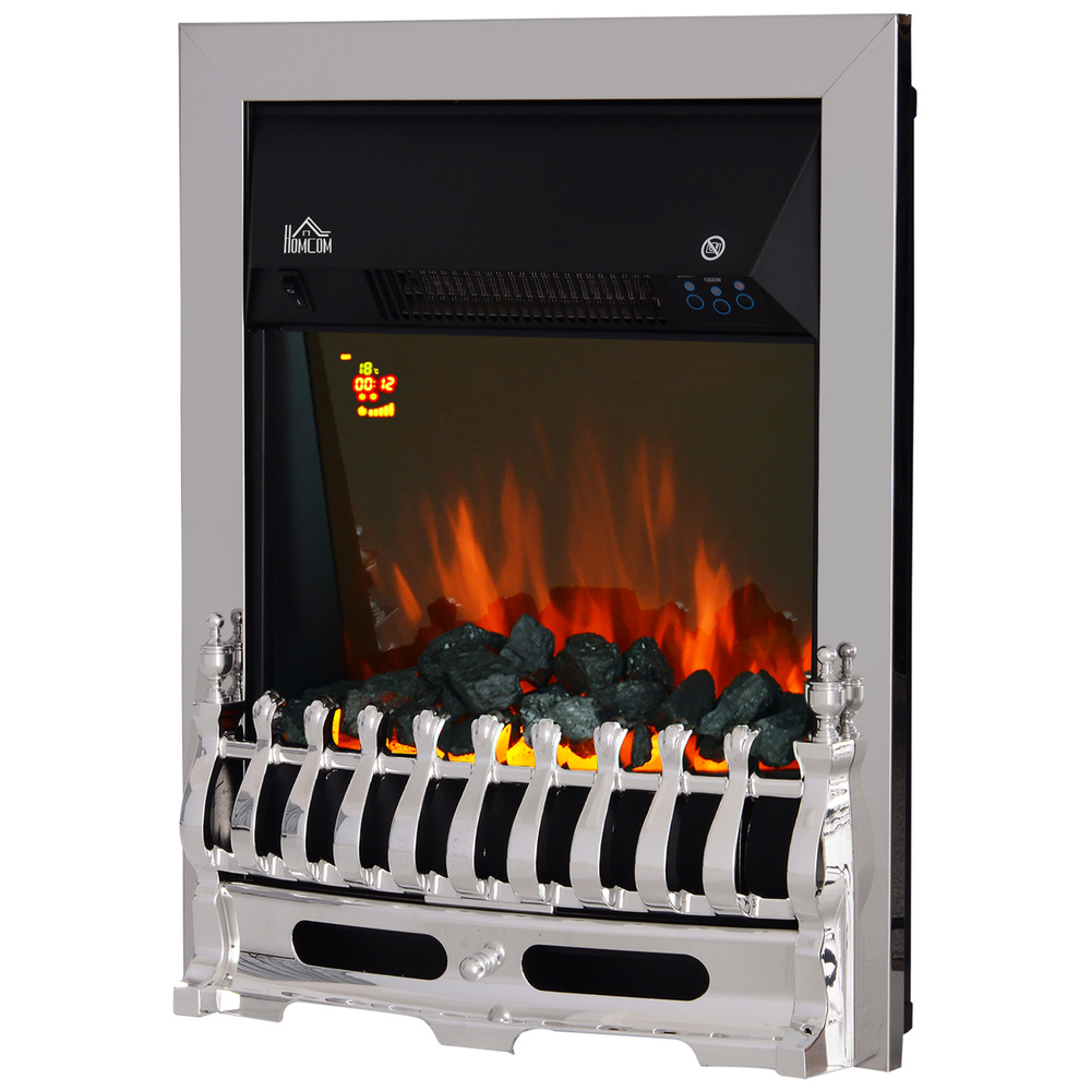 HOMCOM Contemporary Electric Fireplace Coal Burning Flame Effect Inset Fire Place Space Heater Glass View LED Lighting with Remote Control, 1000W/2000W, Silver