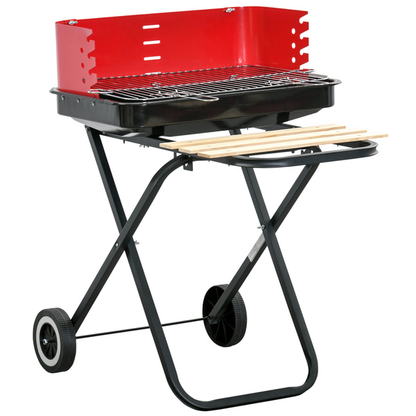 Outsunny Charcoal Trolley BBQ Barbecue Grill Patio Camping Picnic Garden Party Outdoor Cooking with Windshield and Wheels Side Trays, Black/Red